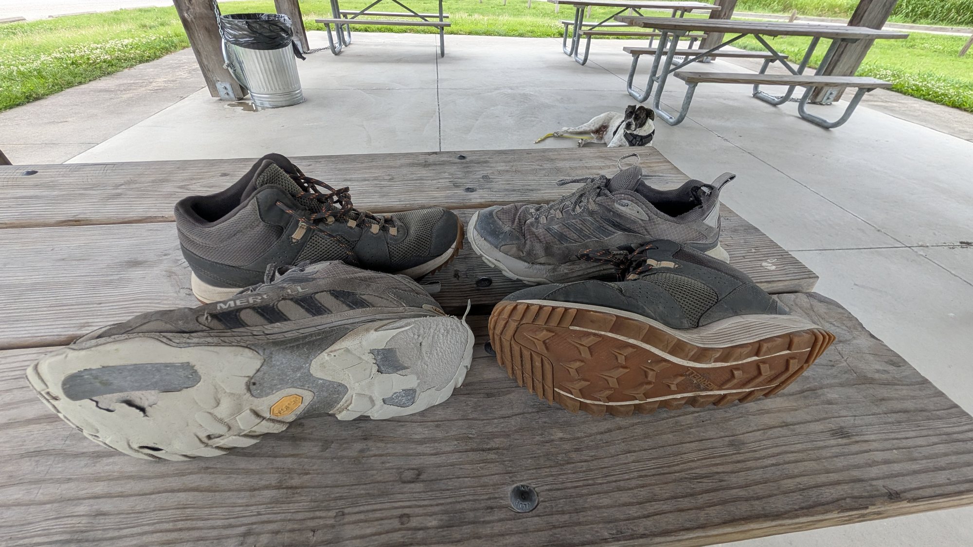 Worn shoes during a trail rest stop